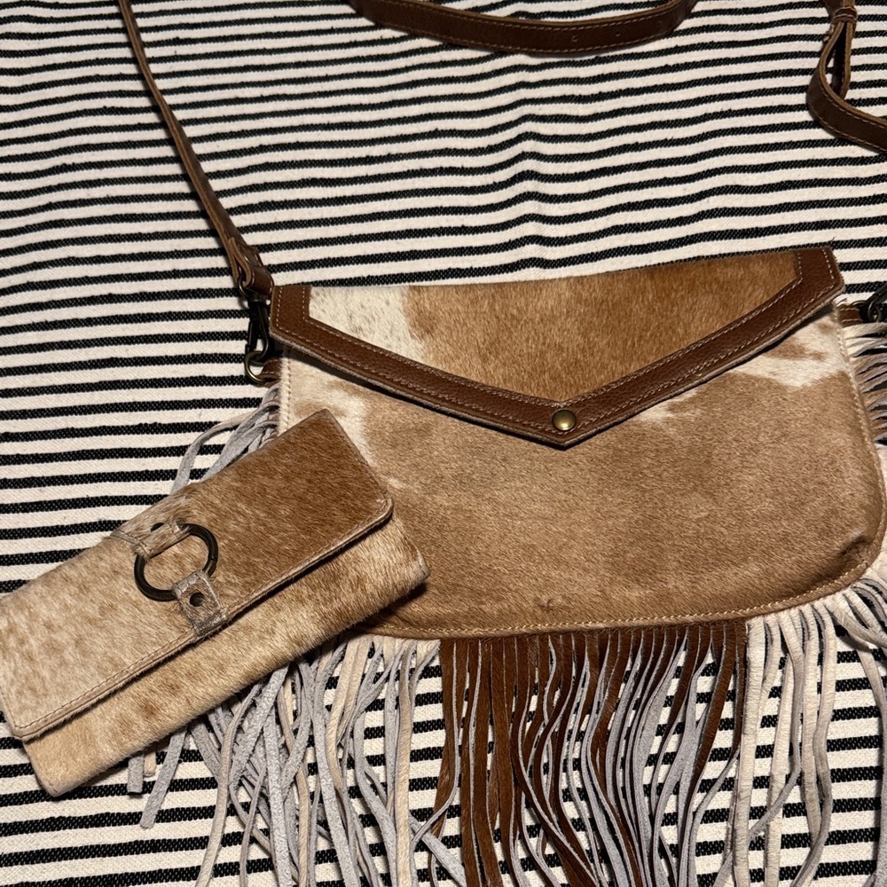 Brown and Tan Fringe Cowhide Myra Crossbody Bag and Wallet Set